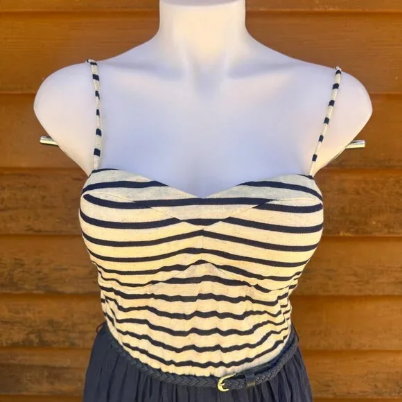 Charlotte Russe Navy Blue Striped Dress With Belted Waist Size M - Picture 4 of 8